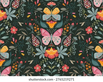 Vector seamless pattern with ornate butterflies, flowers and plants. Folk art floral natural endless background