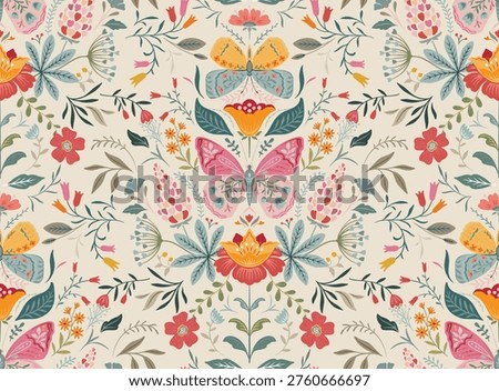 Vector seamless pattern with ornate butterflies, flowers and plants. Folk art floral natural endless background