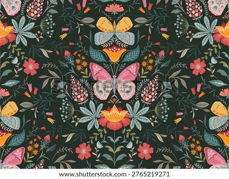 Vector seamless pattern with ornate butterflies, flowers and plants. Folk art floral natural endless background