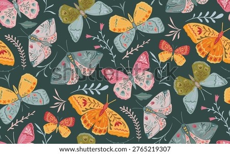 Vector seamless pattern with ornate butterflies, flowers and plants. Folk art floral natural endless background
