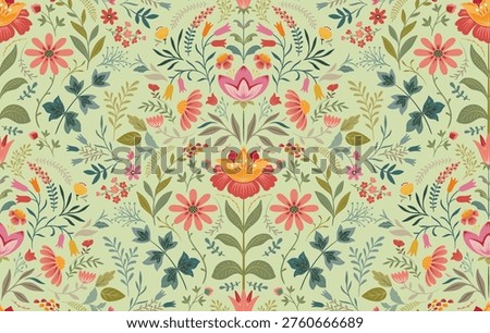 Vector seamless pattern with ornate flowers and plants. Folk art floral natural endless background