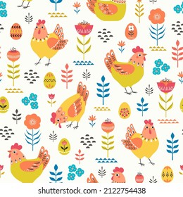 Vector Seamless Pattern Of Ornate Folk Chickens, Easter Eggs And Folk Floral Elements