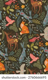 Vector seamless pattern with ornate forest animals, butterflies, flowers, plants forest tree branches. Folk art floral natural endless background