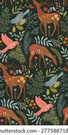 Vector seamless pattern with ornate forest animals, butterflies, flowers, plants forest tree branches. Folk art floral natural endless background