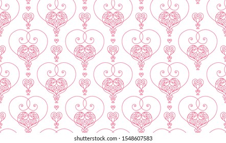 Vector seamless pattern with ornate hearts. Vintage design element in Eastern style. Ornamental lace tracery. Floral oriental ornament for wallpaper. Line art ornaments on white background.