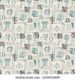 Vector seamless pattern with ornate initial letters and literary illustrations on printed page background. Unreadable text, capital letters and sketches. Suitable for Wallpaper, wrapping paper, fabric