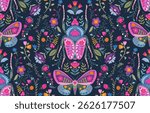 Vector seamless pattern with ornate insects, beetles, butterflies. Folk art floral natural endless background