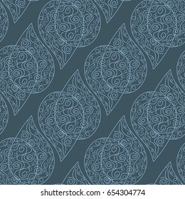 Vector seamless pattern of ornate overlapping blue drops diagonally placed
