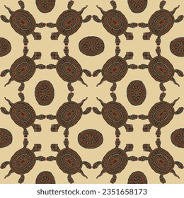 Vector Seamless pattern from ornate turtles with colorful doodle ethnic ornaments on a beige background