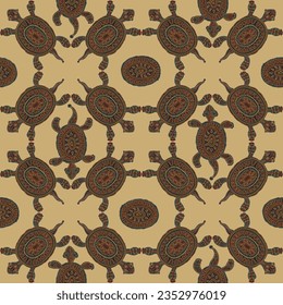 Vector Seamless pattern from ornate turtles with colorful doodle ethnic ornaments on a beige background