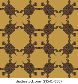 Vector Seamless pattern from ornate turtles with colorful doodle ethnic ornaments on a beige background