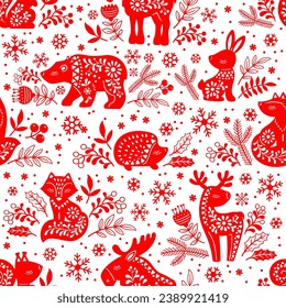 Vector seamless pattern. Ornated red silhouettes of forest animals deer, bear, elk, fox, hare, squirrel, hedgehog among flowers on white background