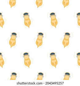 Vector seamless pattern, otter sleeps in a sleep mask. Children's design for nursery, poster, fabric, textile, print, wallpaper.