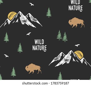 Vector Seamless pattern with outdoor theme illustrations and slogan text, for t-shirt prints and other uses.