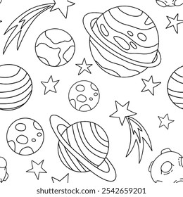 Vector seamless pattern with outer space and planets. Coloring book in doodle style