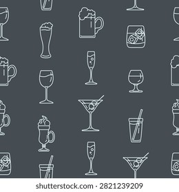 Vector Seamless Pattern of Outline Alcohol Drinks on Gray Backround