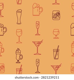 Vector Seamless Pattern of Outline Alcohol Drinks on Brown Background
