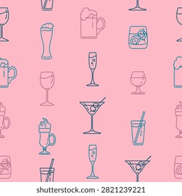 Vector Seamless Pattern of Outline Alcohol Drinks on Pink Background