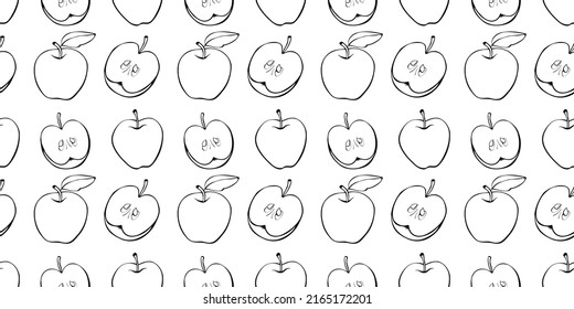 Vector seamless pattern with outline apples in doodle. Fruit background and texture, isolated. For children, school design, harvest, gardening and Thanksgiving theme