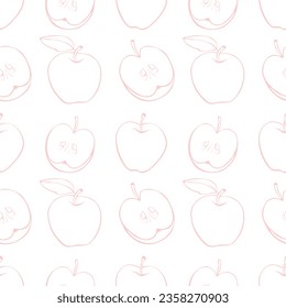 Vector seamless pattern with outline apples in doodle. Fruit background and texture, isolated. For children, school design, harvest, gardening and Thanksgiving theme