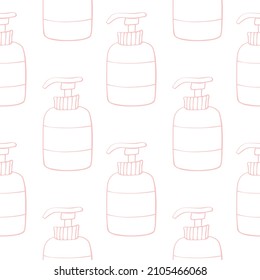 Vector seamless pattern of outline bottles with dispenser or cosmetic products, sanitizers or hand soap in doodle style. Texture on theme beauty industry, hygiene, toiletries
