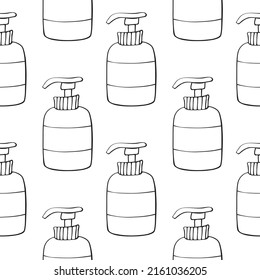 Vector seamless pattern of outline bottles with dispenser or cosmetic products, sanitizers or hand soap in doodle style. Texture on theme beauty industry, hygiene, toiletries