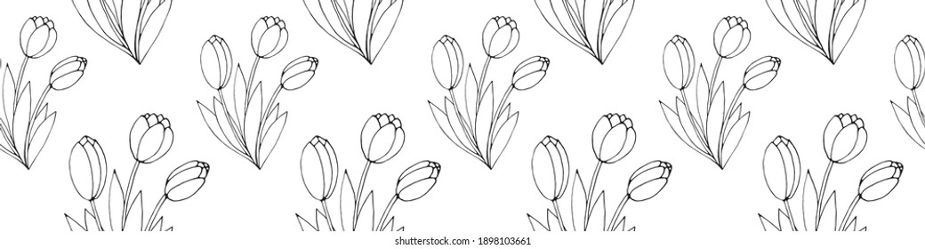 Vector seamless pattern with outline Bouquet of three flowers of tulips. Hand drawn doodle spring texture, background. For wrapping paper, coloring page, mother's or women's or Valentine's Day