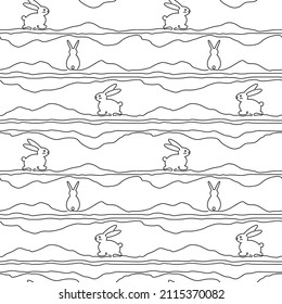 Vector seamless pattern. Outline bunny background. Line art illustration.  rabbit single line. Happy Easter. New Year 2023