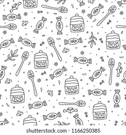 Vector seamless pattern with outline candies, cupcakes, spoons, flowers and leaves. 