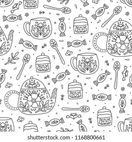 Vector seamless pattern with outline candies, cupcakes, spoons,  teapots and cups decorated with flowers and leaves. 