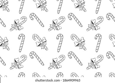 Vector Seamless pattern with outline candy canes, sweets, lollipops. Hand drawn New year and Christmas backgrounds and texture. For greeting card, wrapping paper, packaging, fabric, coloring book