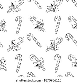 Vector Seamless pattern with outline candy canes, sweets, lollipops. Hand drawn New year and Christmas backgrounds and texture. For greeting card, wrapping paper, packaging, fabric, coloring book