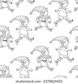 Vector seamless pattern with outline Christmas elves. New year Xmas hand drawn backgrounds and textures. For greeting cards, wrapping paper, packaging, textile, cover, coloring book