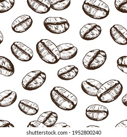 Vector seamless pattern with outline coffee beans on a transparent background. For packaging design, cafes and restaurants, food products.