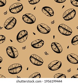 Vector seamless pattern with outline coffee beans on a transparent background. For packaging design, cafes and restaurants, food products.