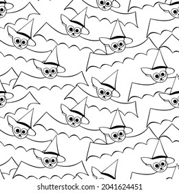 Vector seamless pattern with outline cute flying bats in witch hats. Halloween texture in cartoon doodle style, isolated