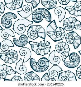 Vector seamless. Pattern with outline decorative seashells. 