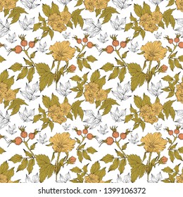 Vector seamless pattern with outline Dog rose or Rosa canina. Flower, hips and leaves on the white background. Rosehip pattern in contour style for summer design, medicine, homeopathy, coloring book.
