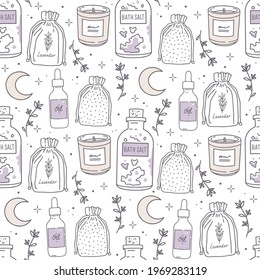 Vector seamless pattern. Outline drawing, sketch. Bath salt, herbal bags, essential oil in a bottle with a dropper and an aroma candle. Sprigs of plants, the moon. Night routine, relaxation, skin care