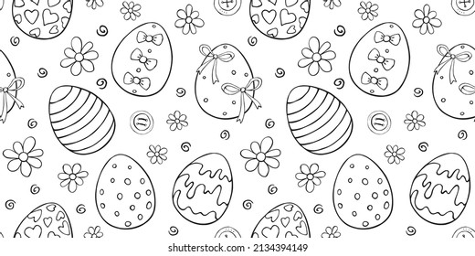 Vector seamless pattern with outline Easter eggs, flowers. Spring hand drawn doodle, holiday tradition backgrounds and textures with decorative elements