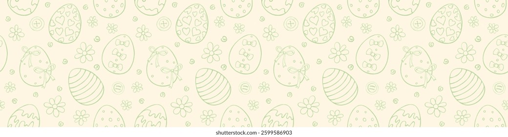 Vector seamless pattern with outline Easter eggs, flowers. Spring hand drawn doodle, holiday tradition backgrounds and textures with decorative elements