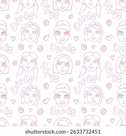Vector seamless pattern with outline faces, heads of women, girls and letterings. Friendship theme, girls power. Childish, girlish fun cute texture backdrop. Different and beautiful.