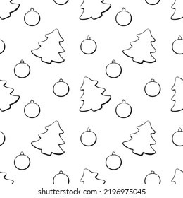 Vector seamless pattern of outline festive symbols: figures of Christmas trees and xmas balls. Backgrounds and textures in doodle style.