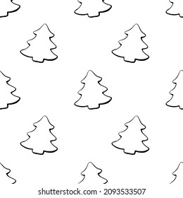 Vector seamless pattern with outline fir, pine, xmas tree, in doodle style. Simple backgrounds and textures for Merry Christmas and happy New Year