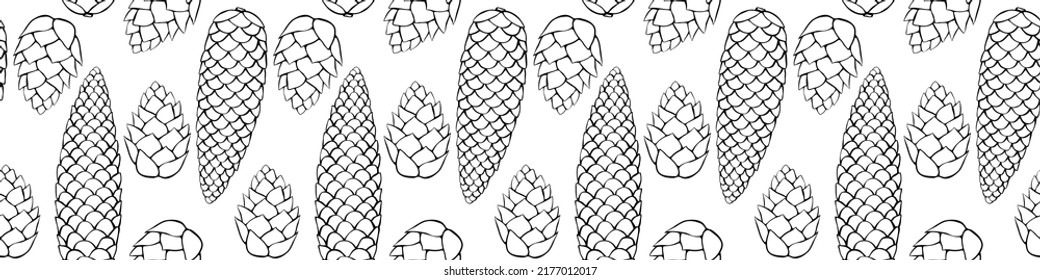 Vector seamless pattern with outline fir spruce pine cones in doodle style. Background, texture on theme of happy fall, nature, forest, christmas, thanksgiving