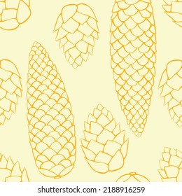 Vector seamless pattern with outline fir spruce pine cones in doodle style. Background, texture on theme of happy fall, nature, forest, christmas, thanksgiving
