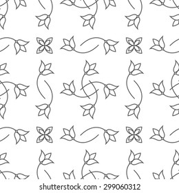 Vector seamless pattern with outline floral ornament. Mono line graphic design templates.Perfect for greeting cards, wedding invitations, retro parties. Vector labels and badges.