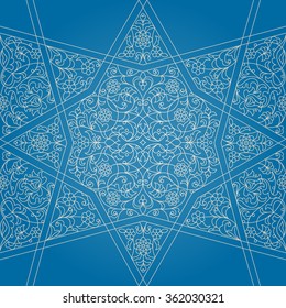 Vector seamless pattern with outline floral ornament. Vintage design element in Middle Eastern style. Ornamental lace tracery. Ornate wallpaper. Traditional arabic decor on blue background.