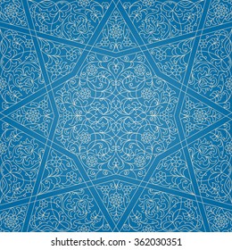 Vector seamless pattern with outline floral ornament. Vintage design element in Middle Eastern style. Ornamental lace tracery. Ornate wallpaper. Traditional arabic decor on blue background.