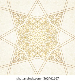 Vector seamless pattern with outline floral ornament. Vintage design element in Middle Eastern style. Ornamental lace tracery. Ornate golden wallpaper. Traditional arabic decor on light background.